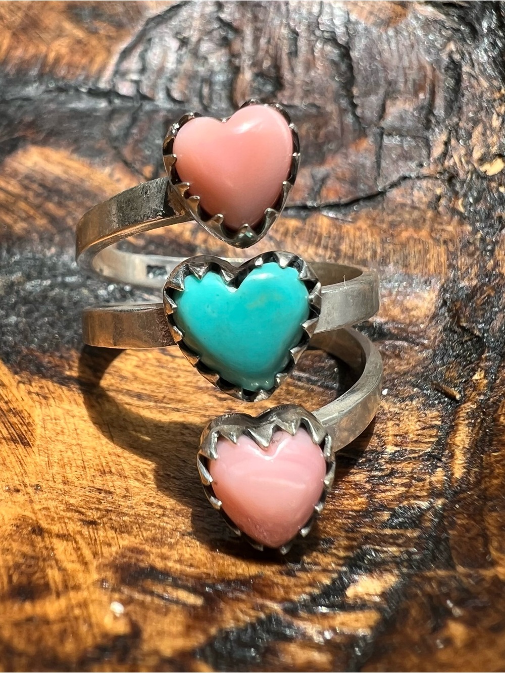 Sterling Silver Kingman Turquoise & Queen Conch Heart Wrap Ring Sz 8